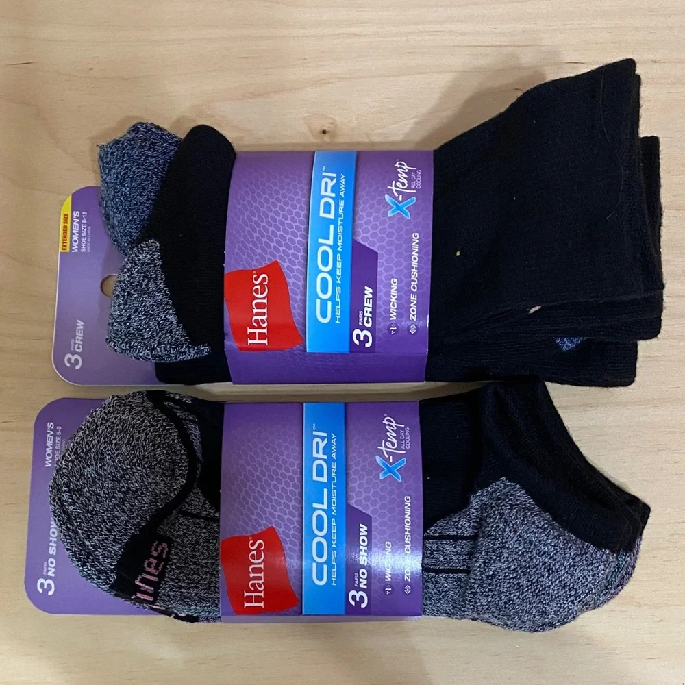 Hanes Cool Dri Black and Gray Women's No Show Socks and crew bundle pack